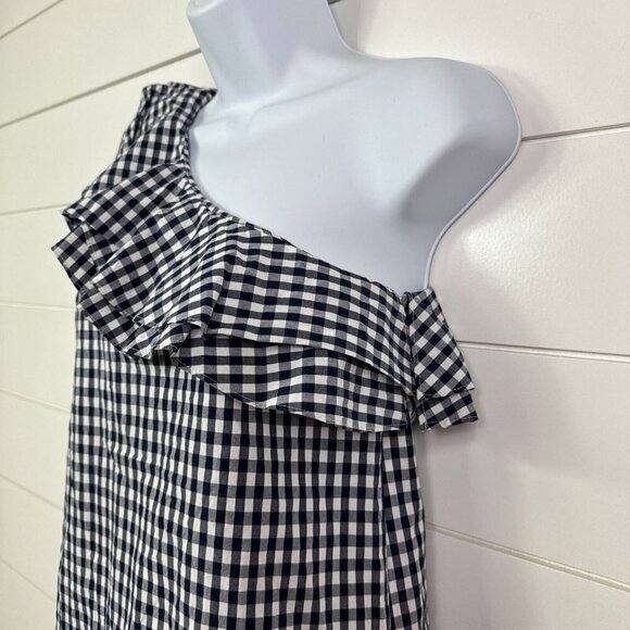 J. Crew Gingham Print One Shoulder Ruffle Top Shirt Navy Blue sz 0P - Picture 4 of 7